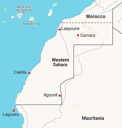 Mapa con ciudades - Sahara Occidental