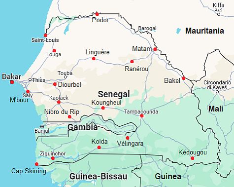 Mapa con ciudades - Senegal
