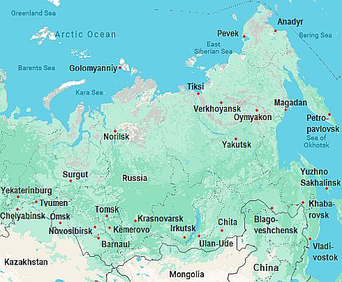 Mapa con ciudades - Siberia