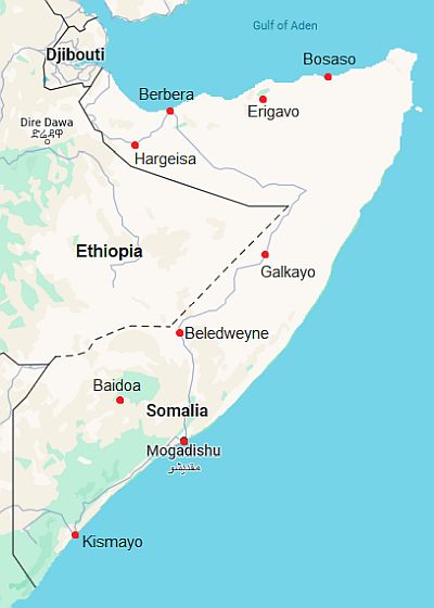 Mapa con ciudades - Somalia
