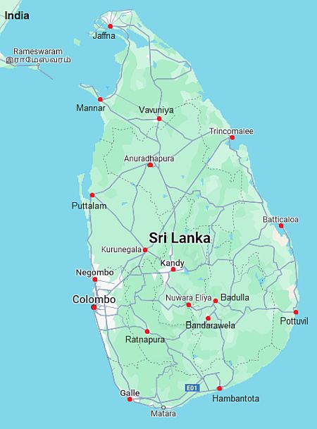 Mapa con ciudades - Sri Lanka