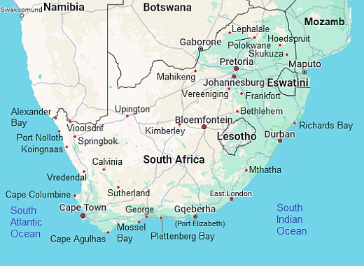 Mapa con ciudades - Sudáfrica