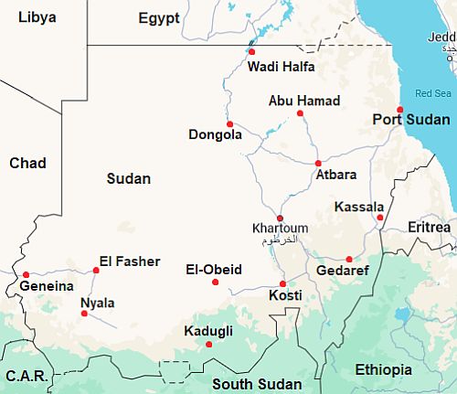 Mapa con ciudades - Sudán