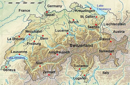 Mapa con ciudades - Suiza