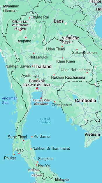 Mapa con ciudades - Tailandia