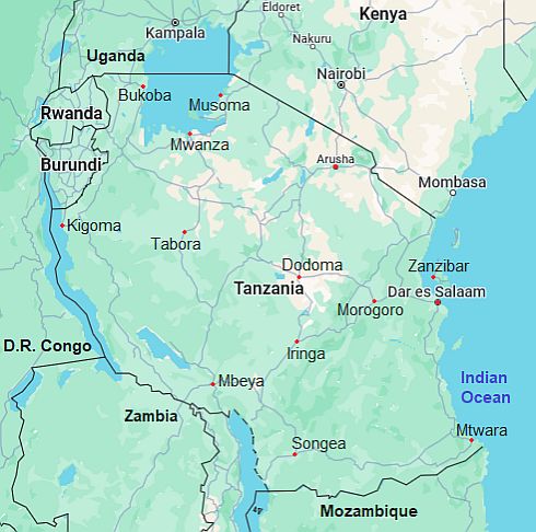 Mapa con ciudades - Tanzania