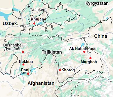 Mapa con ciudades - Tayikistán