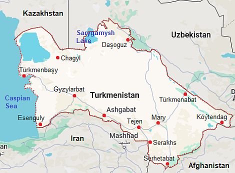 Mapa con ciudades - Turkmenistán