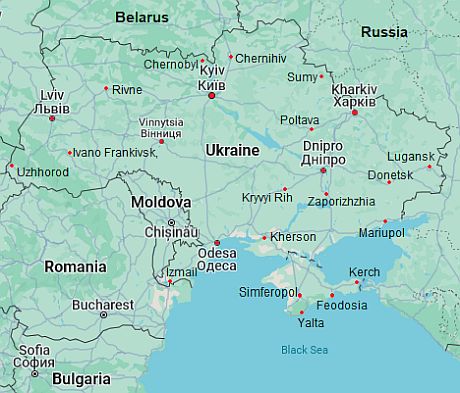 Mapa con ciudades - Ucrania
