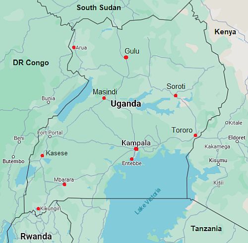 Mapa con ciudades - Uganda