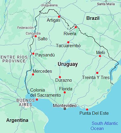 Mapa con ciudades - Uruguay