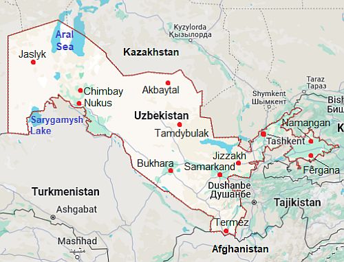 Mapa con ciudades - Uzbekistán