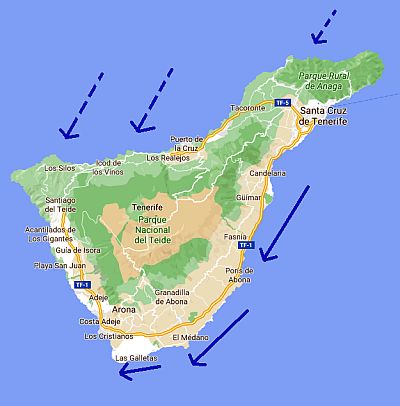 Las zonas costeras de Tenerife más expuestas al viento