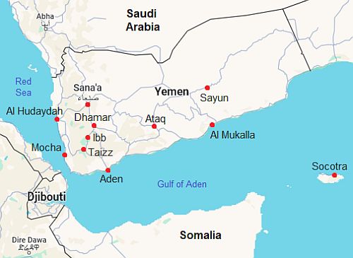 Mapa con ciudades - Yemen