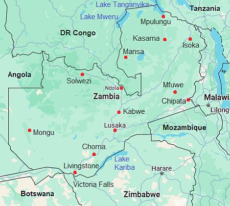 Mapa con ciudades - Zambia