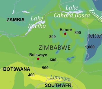 Mapa con la precipitación media (en mm) en Zimbabue