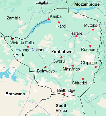 Mapa con ciudades - Zimbabue